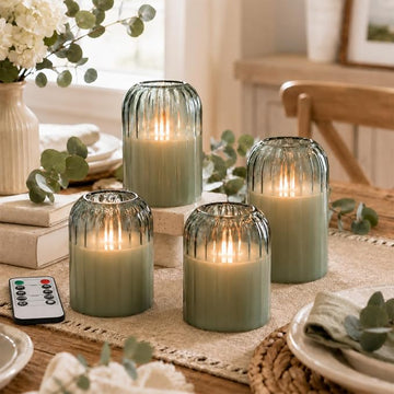Green Glass Flameless Candles Set of 4 with Remote