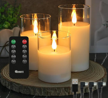 Glass Rechargeable Flameless LED Candles with Remote